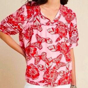 Anthropologie Blouse by VINEET BAHL NWT Pink and Red floral with embroidery XS